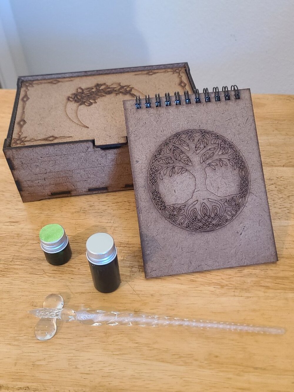 Glass Dip Pen Writing Set with Ink, Notebook & Wooden Storage Box